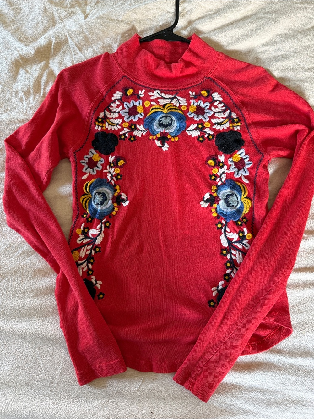 Free People Red Long Sleeve Floral Embroidered Mockneck Top